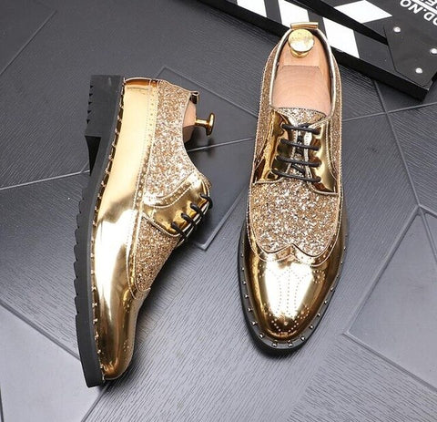 Men gold Brogues patent leather formal dress shoes - Fixshope